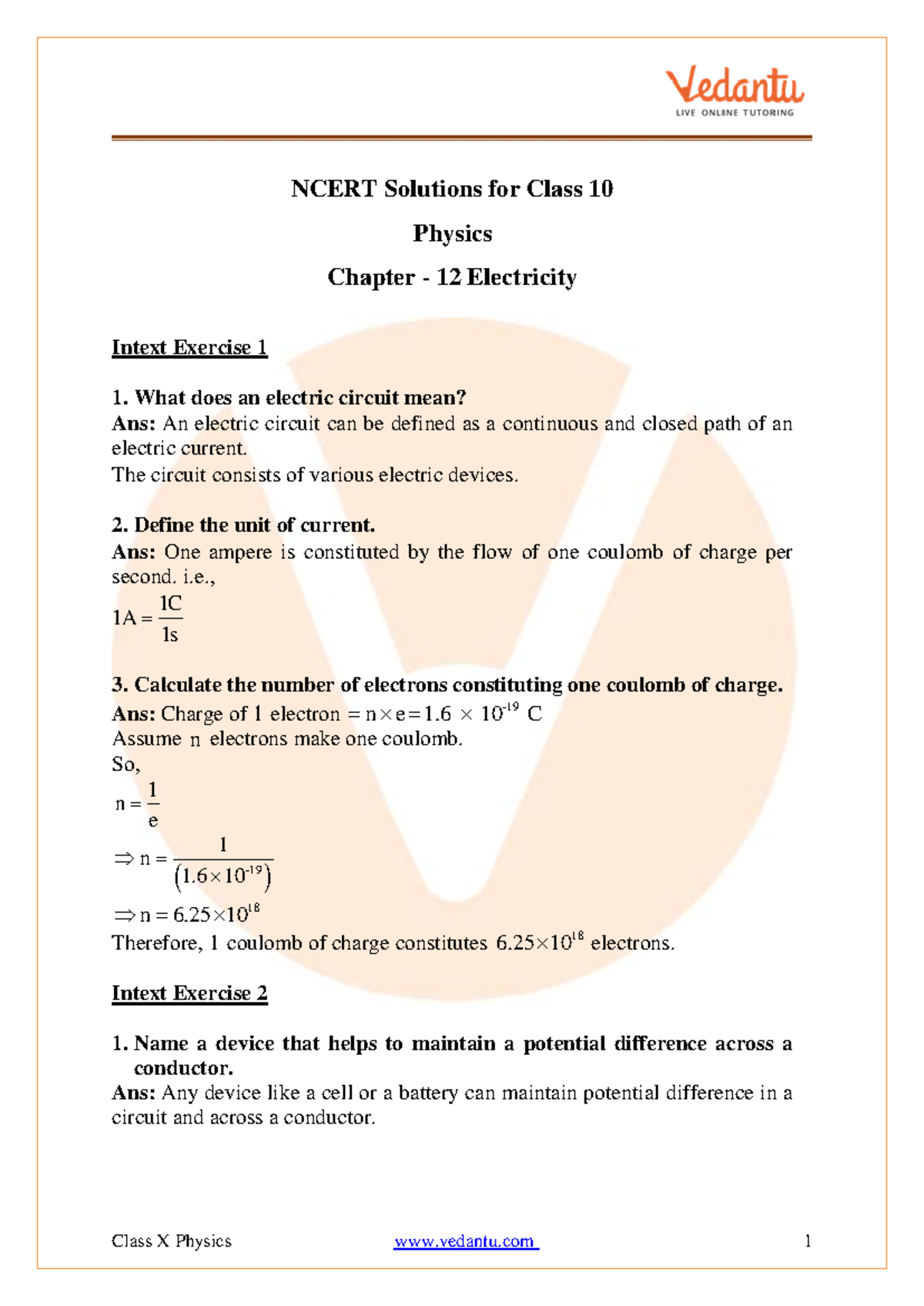 NCERT Solutions for Class 10 Science - Chapter 12 Electricity - Studocu