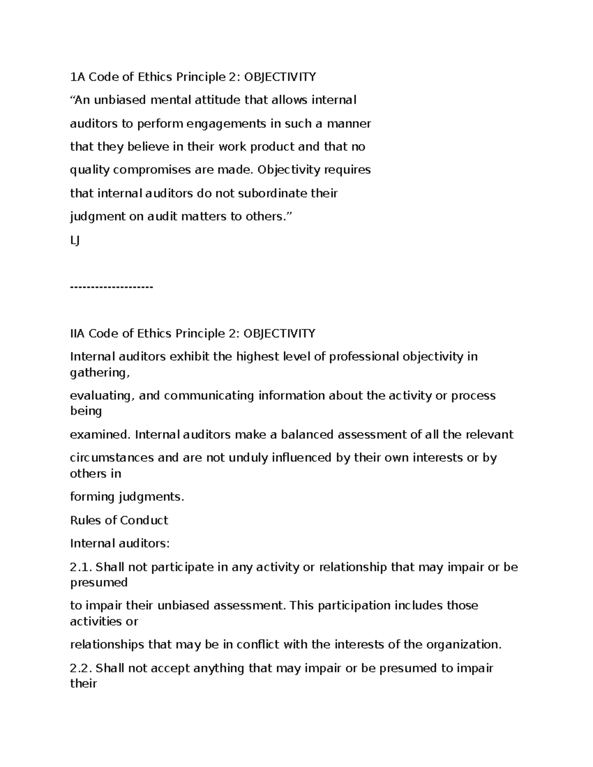 1A Code of Ethics: Principle 2 - Objectivity in Internal Auditing - Studocu