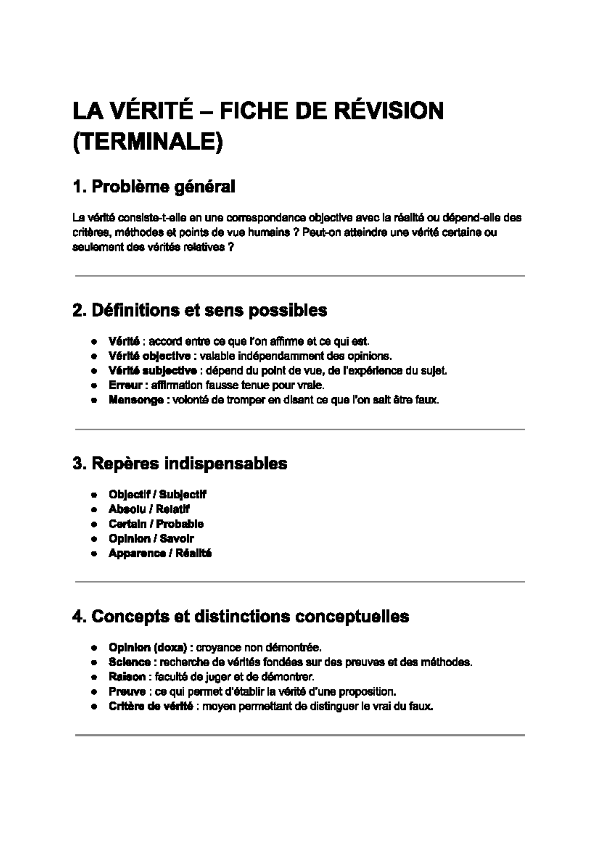 FICHE DE RÉVISION : LA VÉRITÉ EN PHILOSOPHIE (TERMINALE) - Studocu