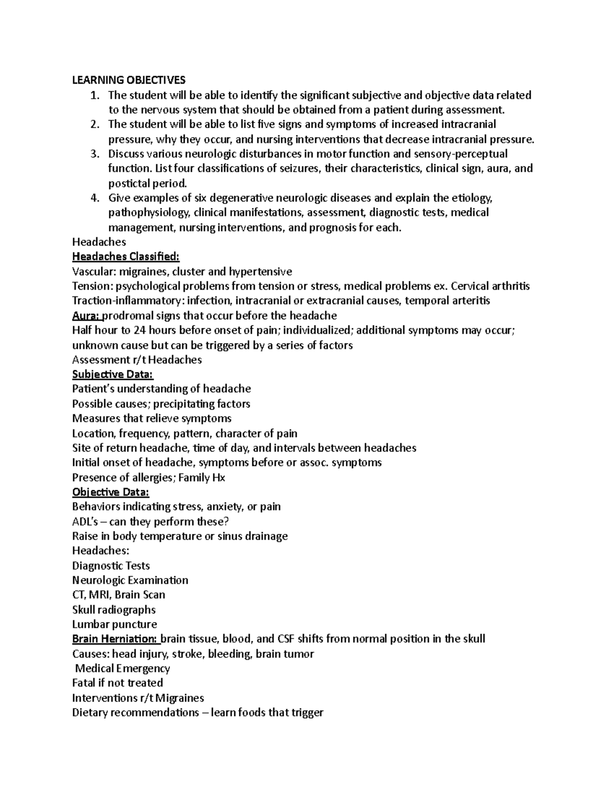 Neuro Exam Study Guide: Key Concepts and Nursing Interventions - Studocu