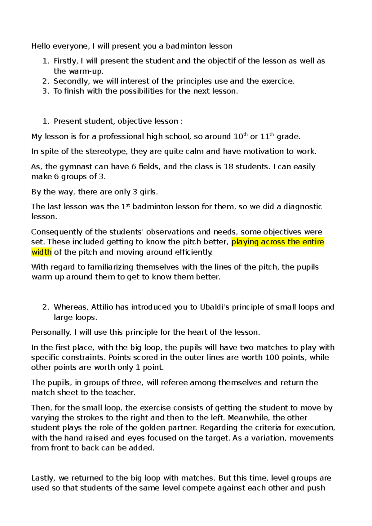 Badminton Lesson 1: Objectives and Exercises for Anglais Oral - Studocu