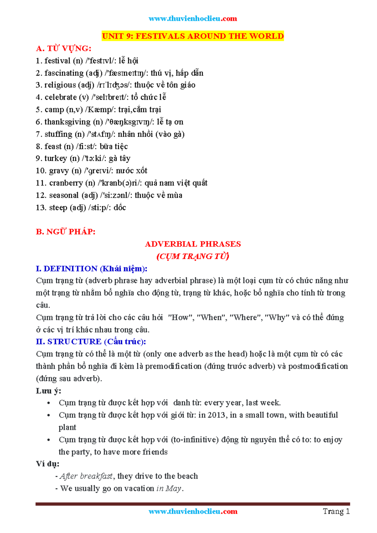 Unit 9: Festivals around the world - Vocabulary and grammar notes - Studocu