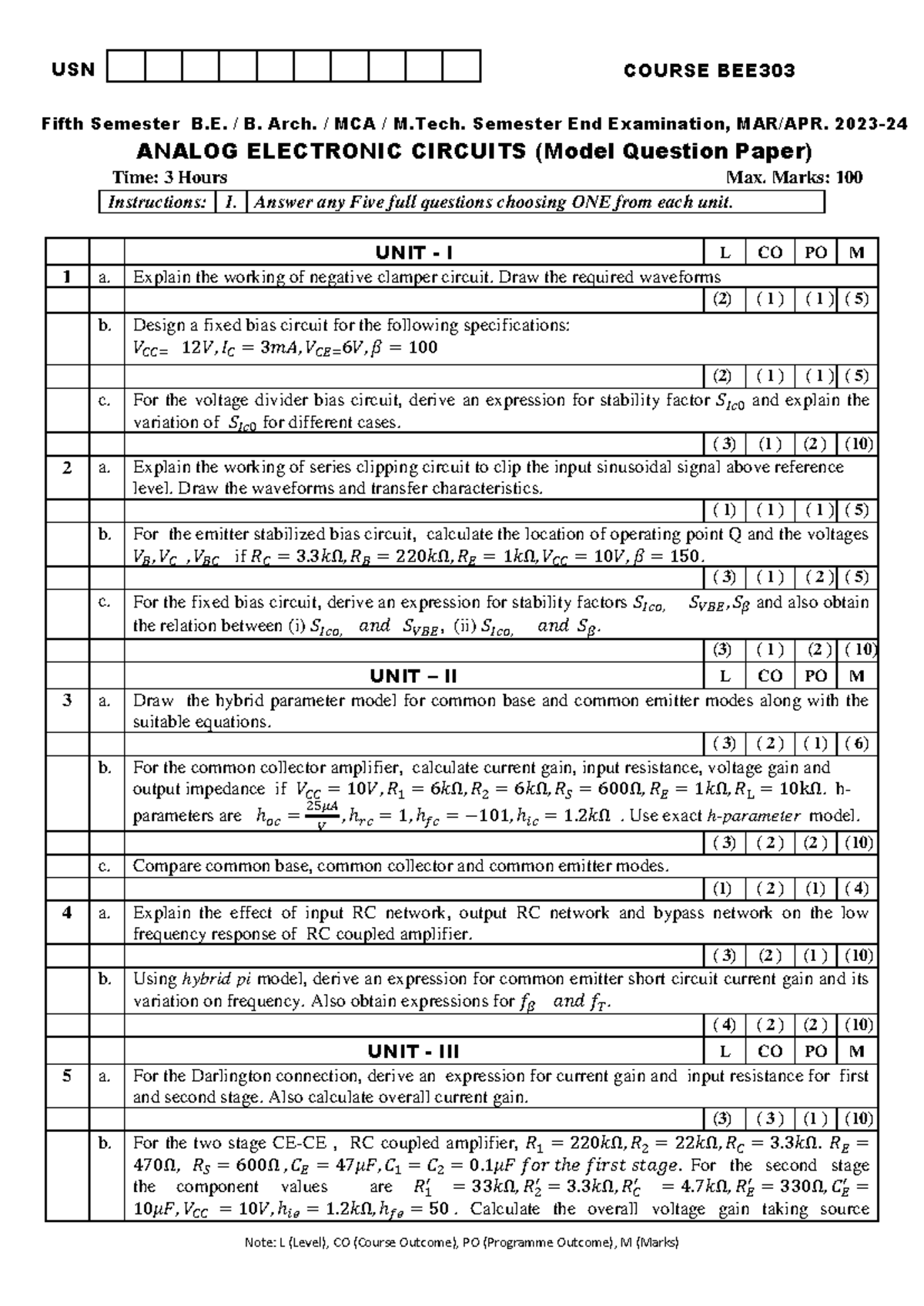 BEE303 Analog Electronic Circuits Model Question Paper for Semester End ...