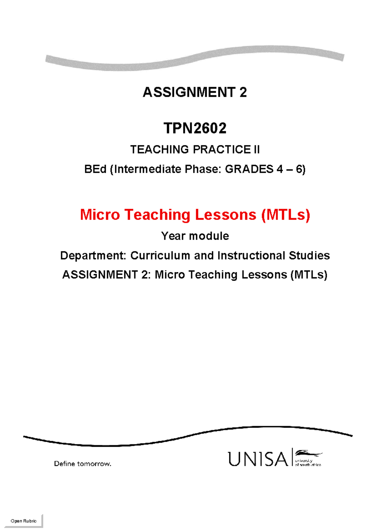 Micro Teaching Lessons (MTLs) - TPN2602 Assignment 2 Guide - Studocu
