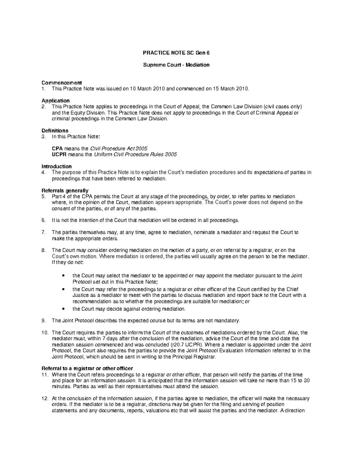 Supreme Court Mediation Practice Note SC Gen 6: Guidelines & Procedures ...