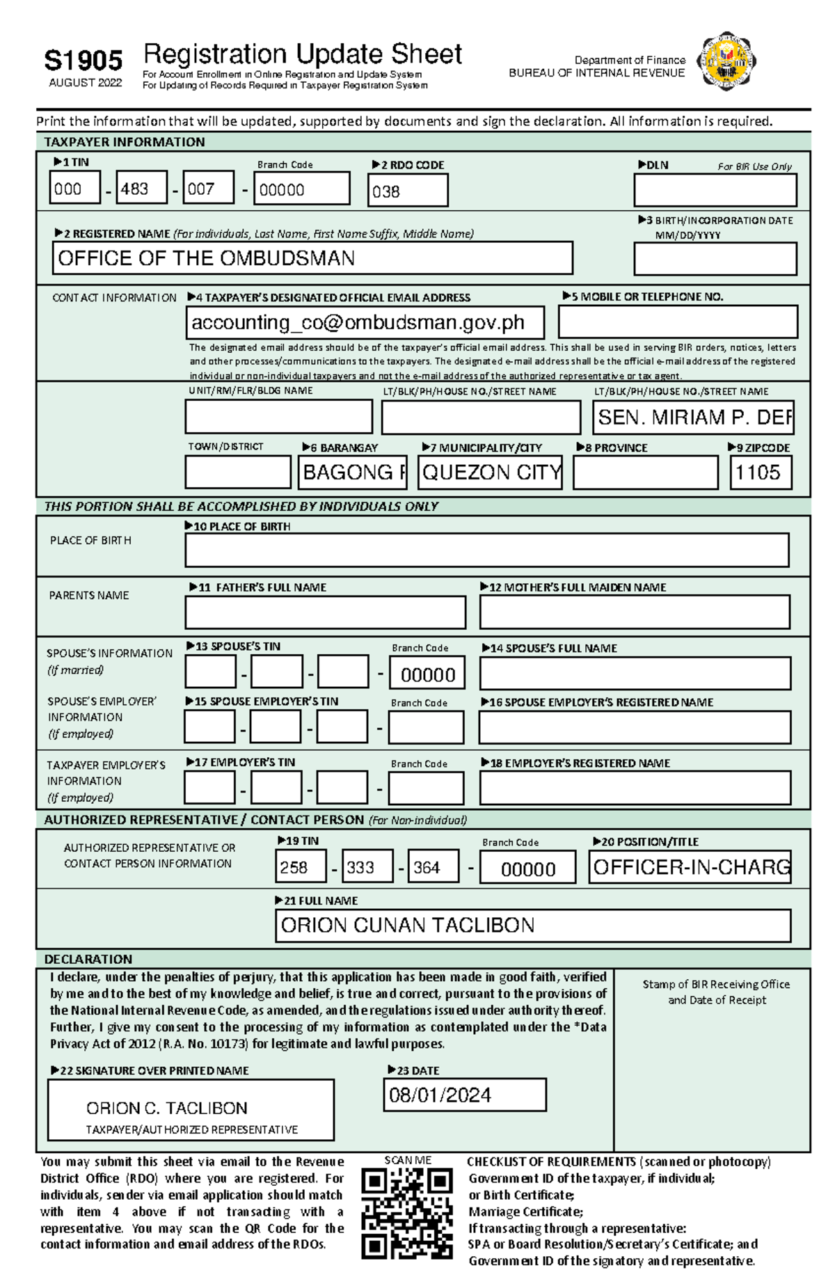 RMC No. 122-2022 S1905-RUS - S 1905 AUGUST 2022 Registration Update ...