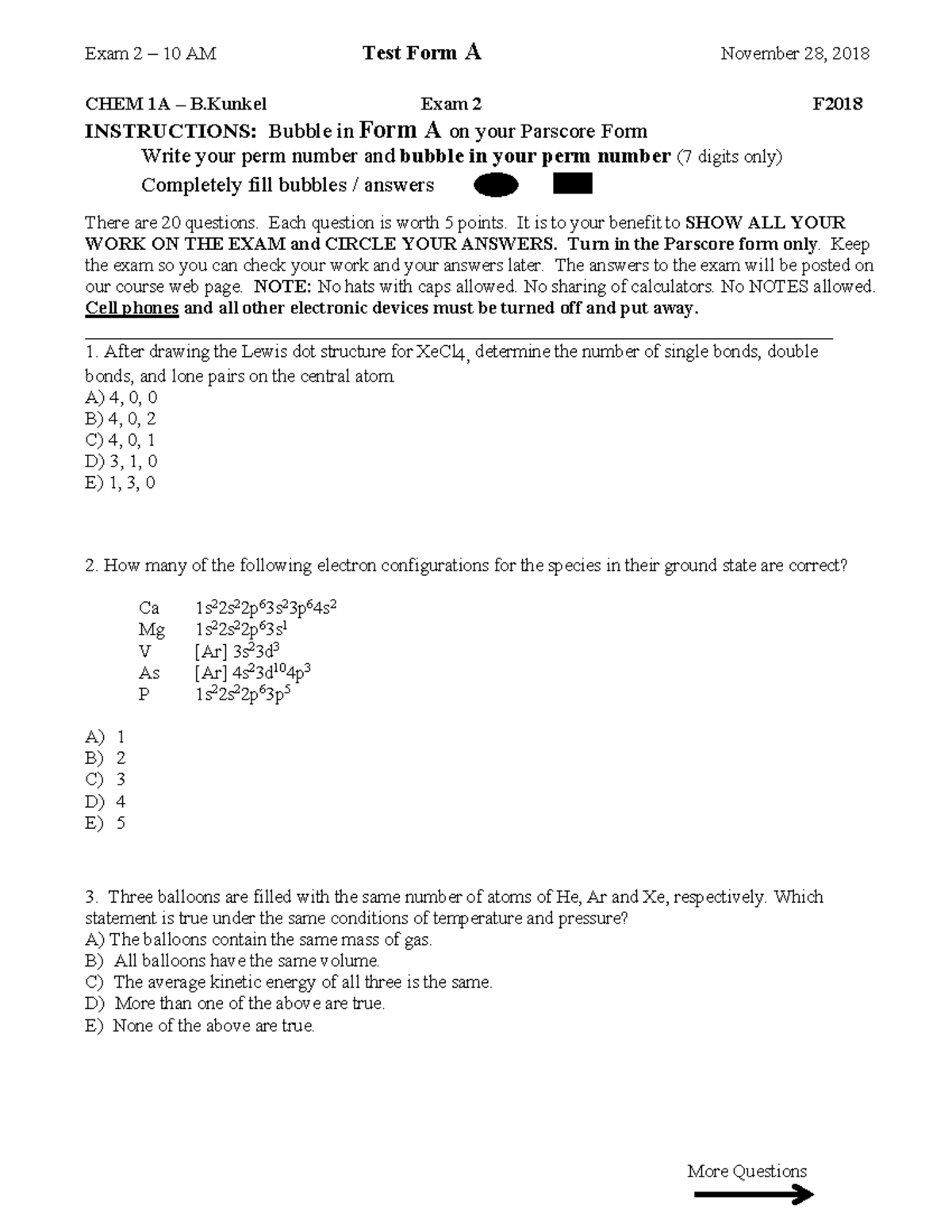 CHEM 1A Exam 2 Fall 2018 - 10 AM Form A Key - CHEM 1A – B Exam 2 F 2018 ...