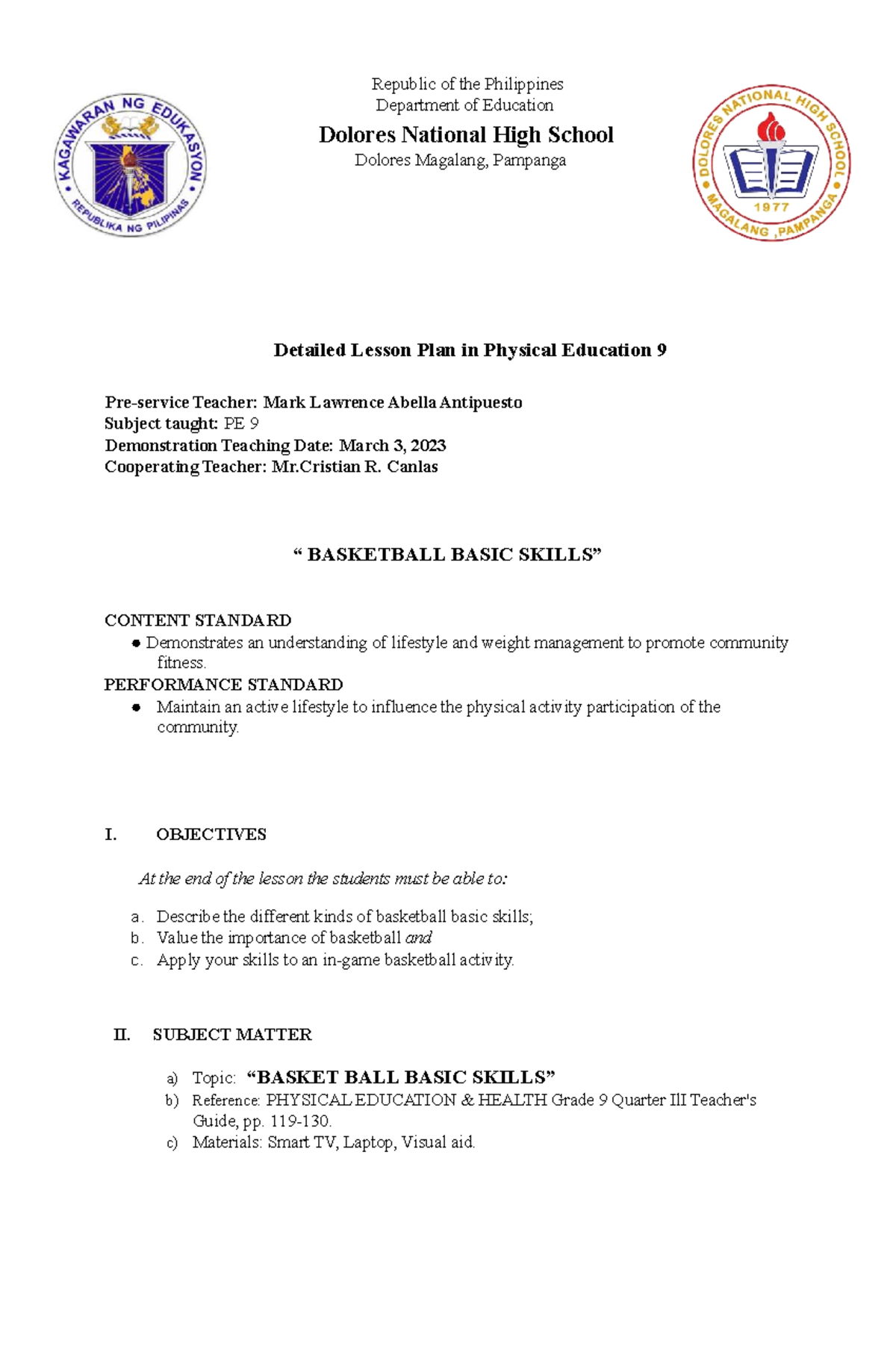 Detailed Lesson Plan in PE 9: Basketball Basics - Studocu