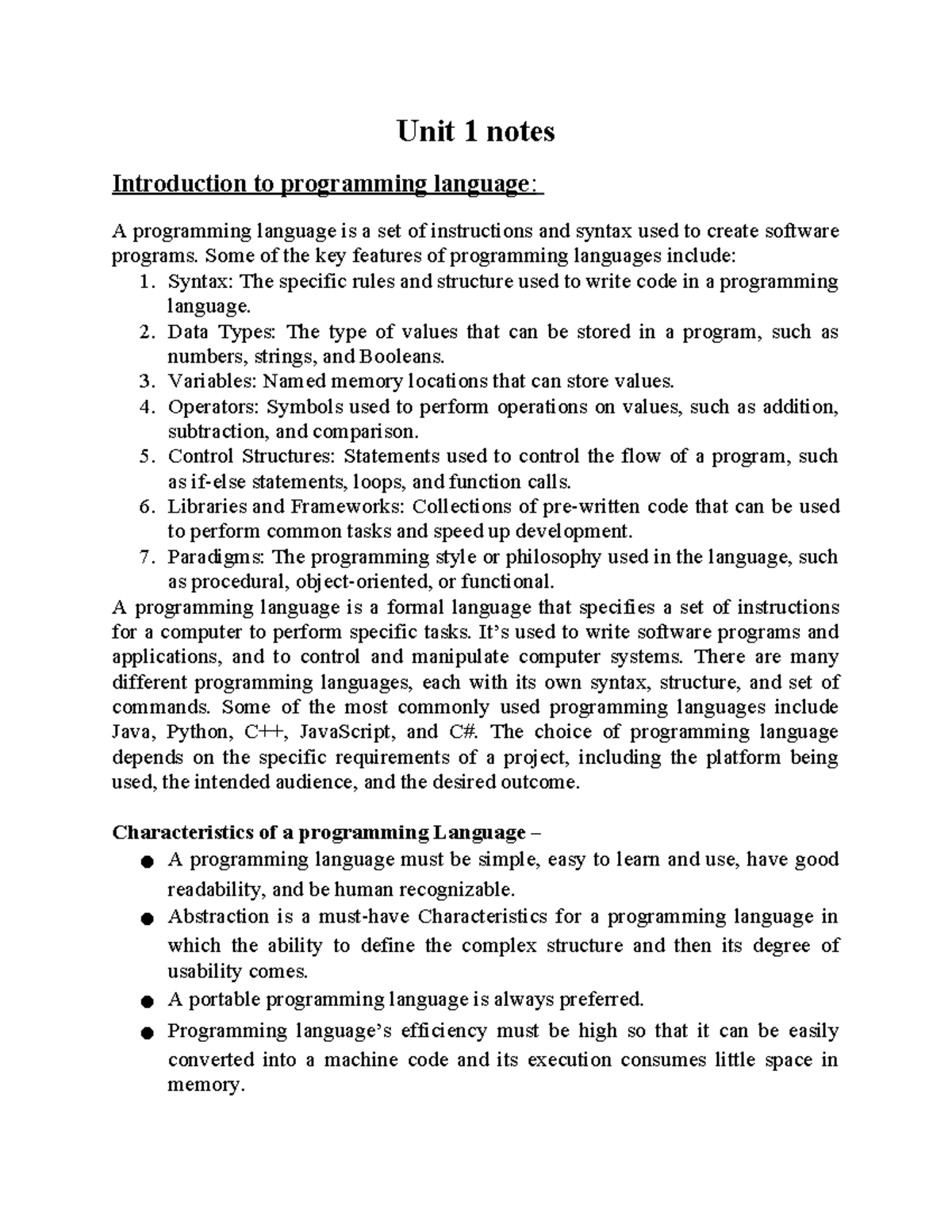 Unit 1 Notes: Introduction to Programming Languages (CS101) - Studocu