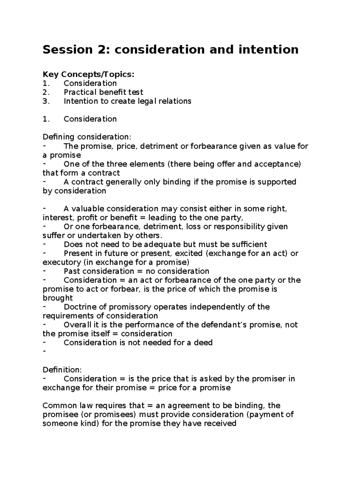 Session 2: Consideration and Intention in Contract Law Notes - Studocu