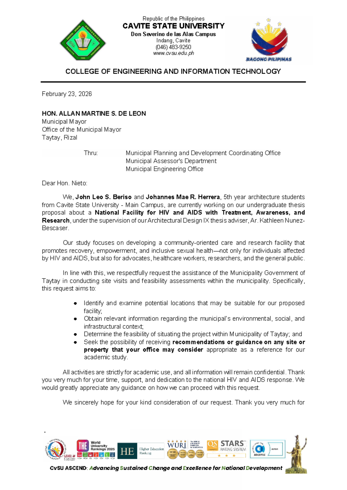 Request Letter to Mayor of Taytay for Thesis Proposal on HIV/AIDS ...