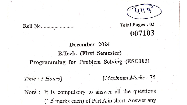 PPS Notes for B.Tech. (ESC103) First Sem - Dec 2024 Exam - Studocu