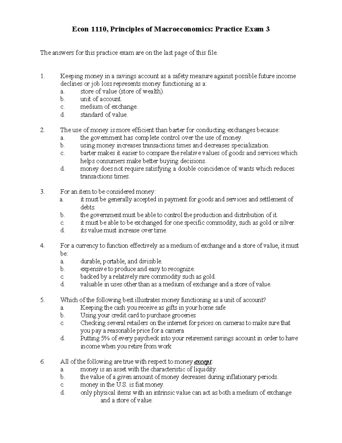 Econ 101: Macroeconomics Practice Exam 3 Answers and Analysis - Studocu