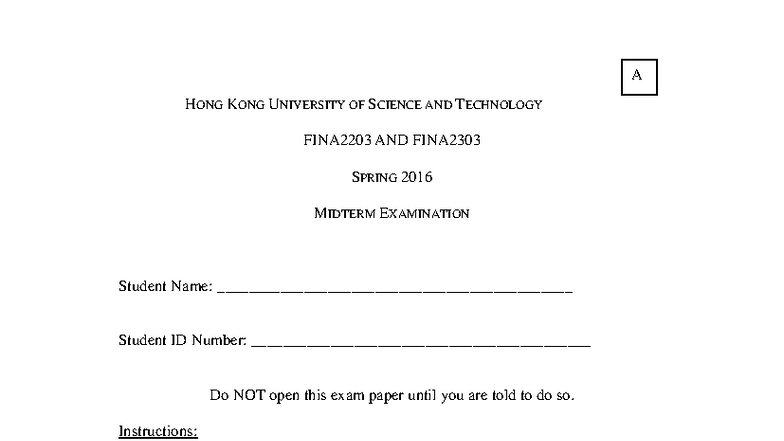 HKUST FINA2203 & FINA2303 Spring 2016 Midterm Exam Paper - Studocu