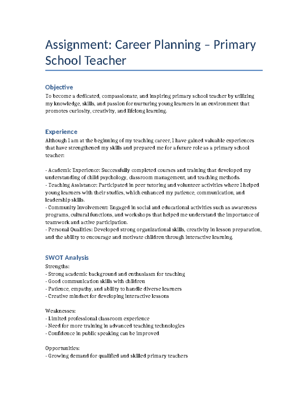 Primary Teacher Assignment: Career Planning & Development - Studocu
