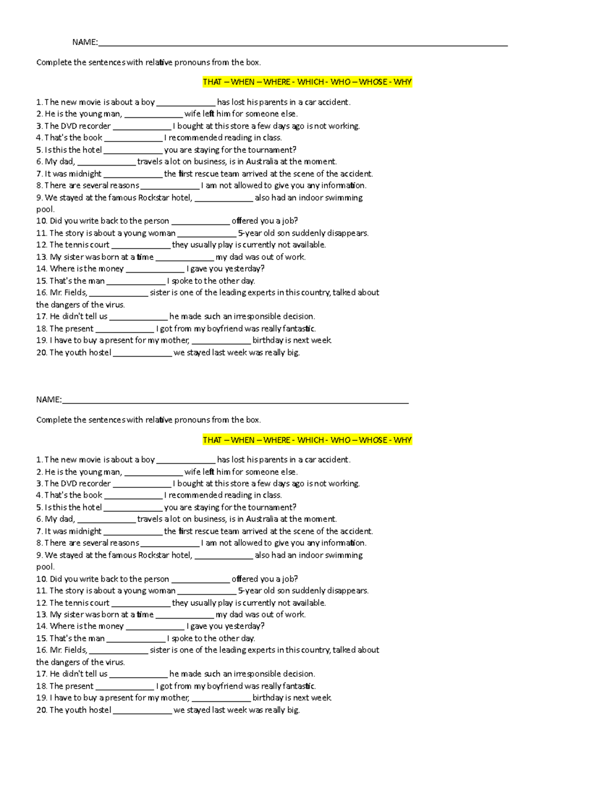 ENG 101: Worksheet on Relative Pronouns - Fill in the Blanks - Studocu