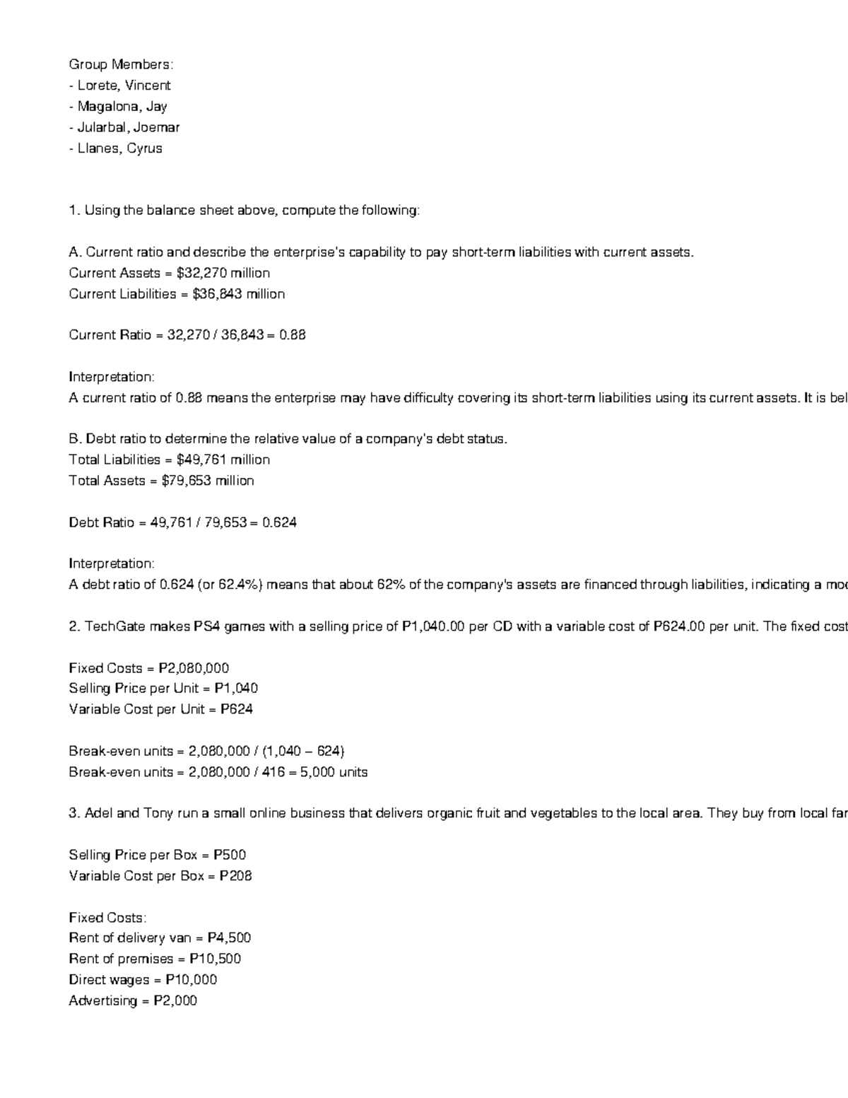 Activity 1 - Financial Ratios and Business Analysis for Group Members ...