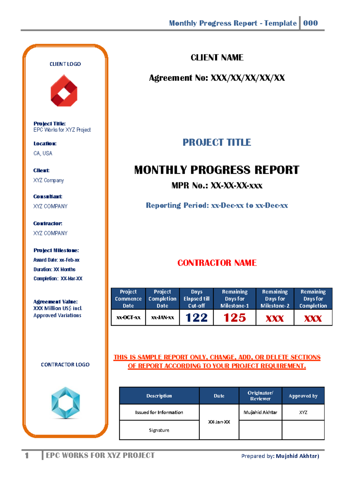 Monthly Progress Report Template for EPC Works - XYZ Project - Studocu