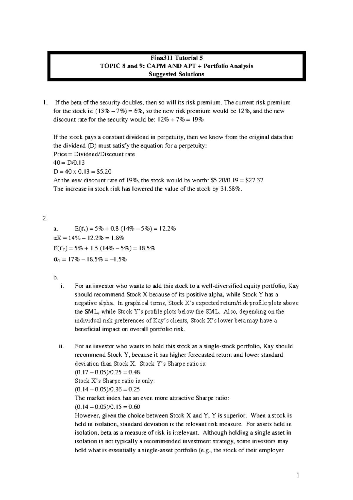Fina311 Tutorial 5 Solutions: CAPM & APT Portfolio Analysis - Studocu