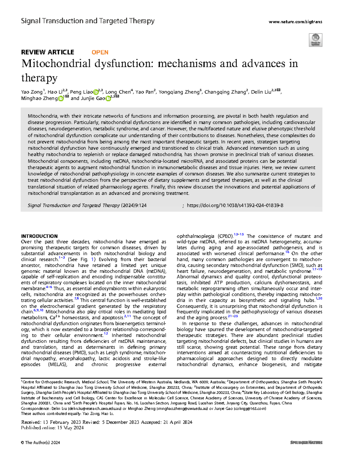 Mitochondrial Dysfunction: Mechanisms and Advances in Therapy (STTT ...