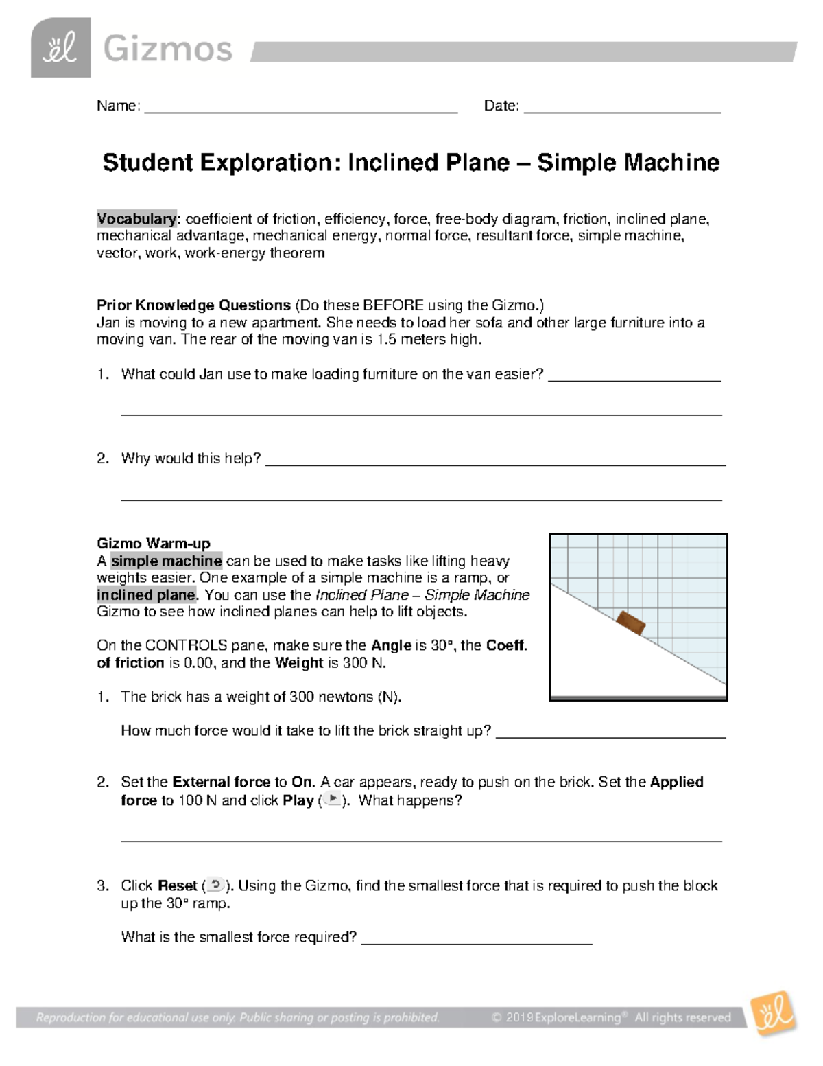 Inclined Plane Simple Machine Exploration (SE) Document - Studocu