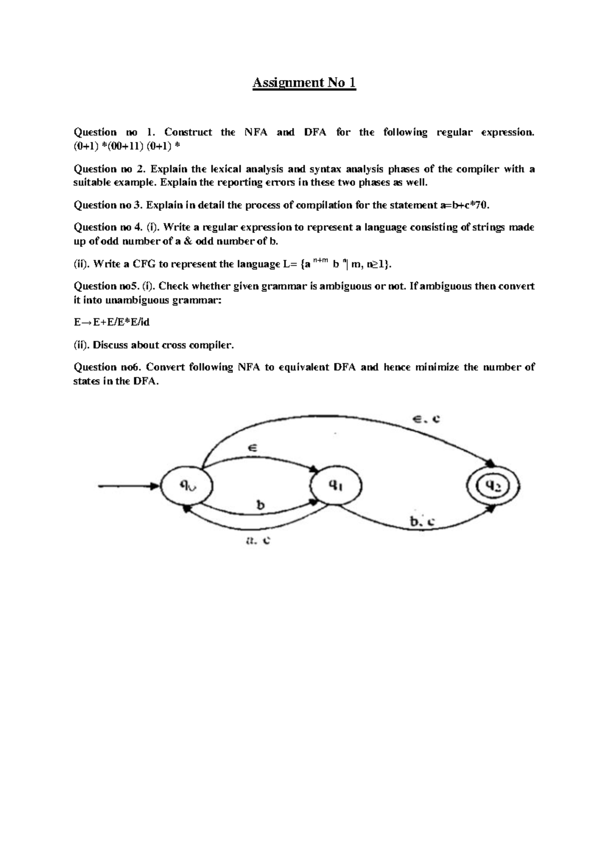 Assignment No 1 - Compiler Design: NFA, DFA, and Compiler Phases - Studocu