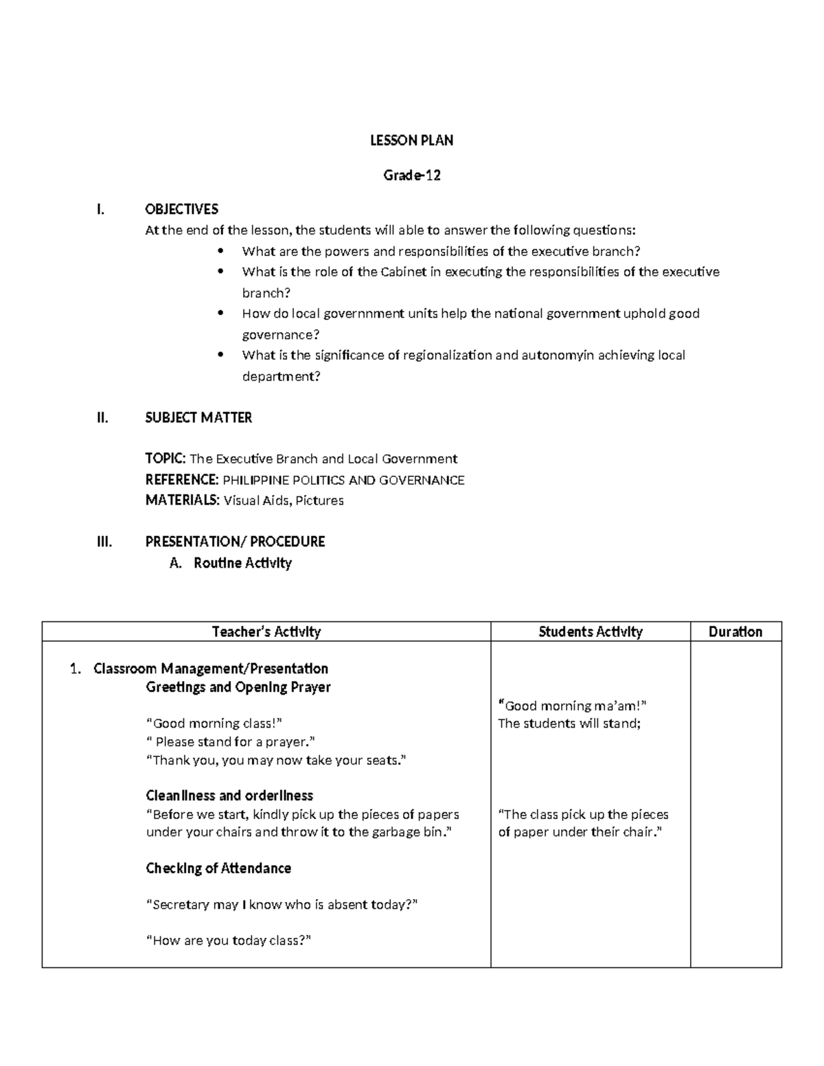 Grade 12 Lesson Plan: The Executive Branch & Local Government - Studocu