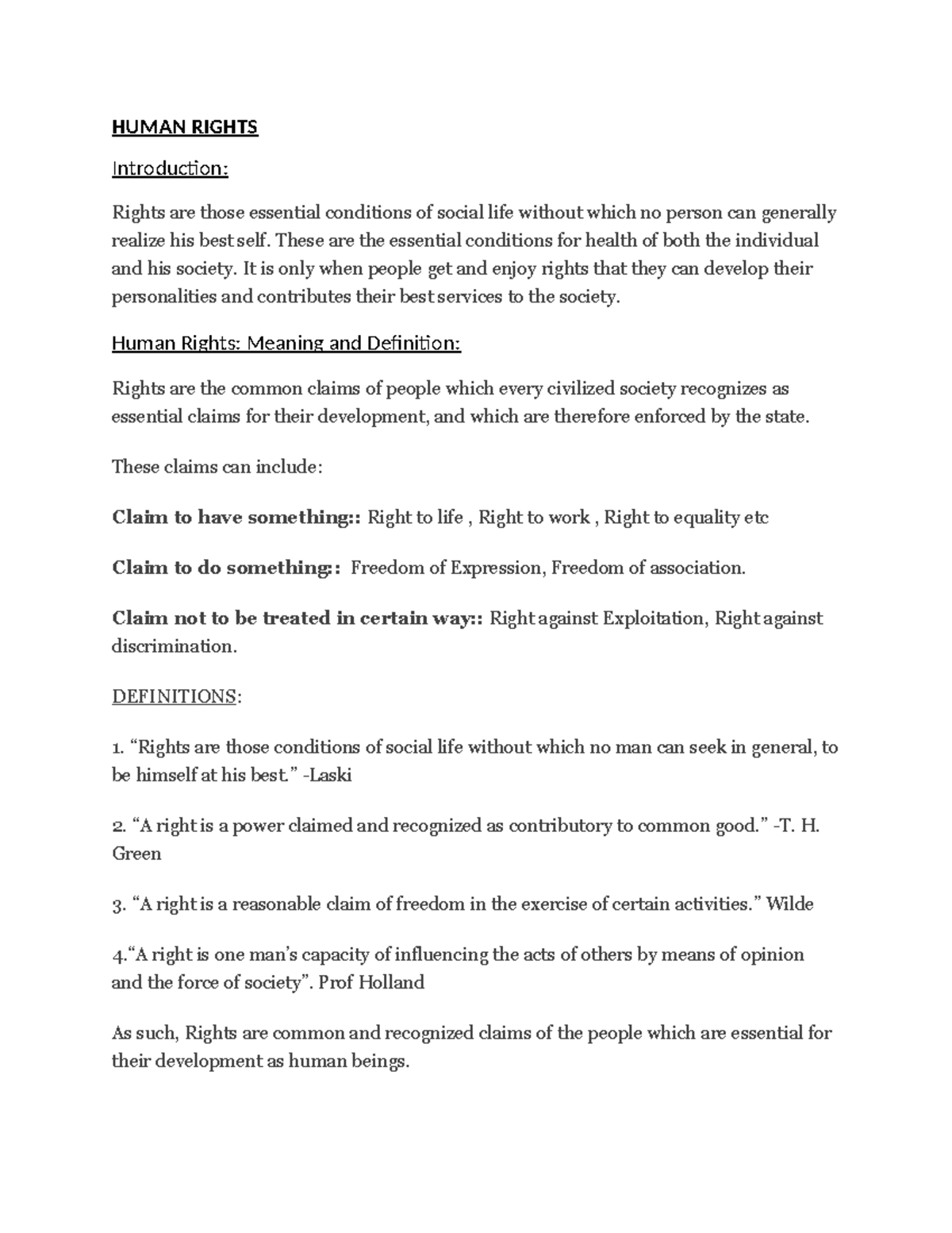 HUMAN RIGHTS - Lecture Notes on Essential Conditions for Development ...
