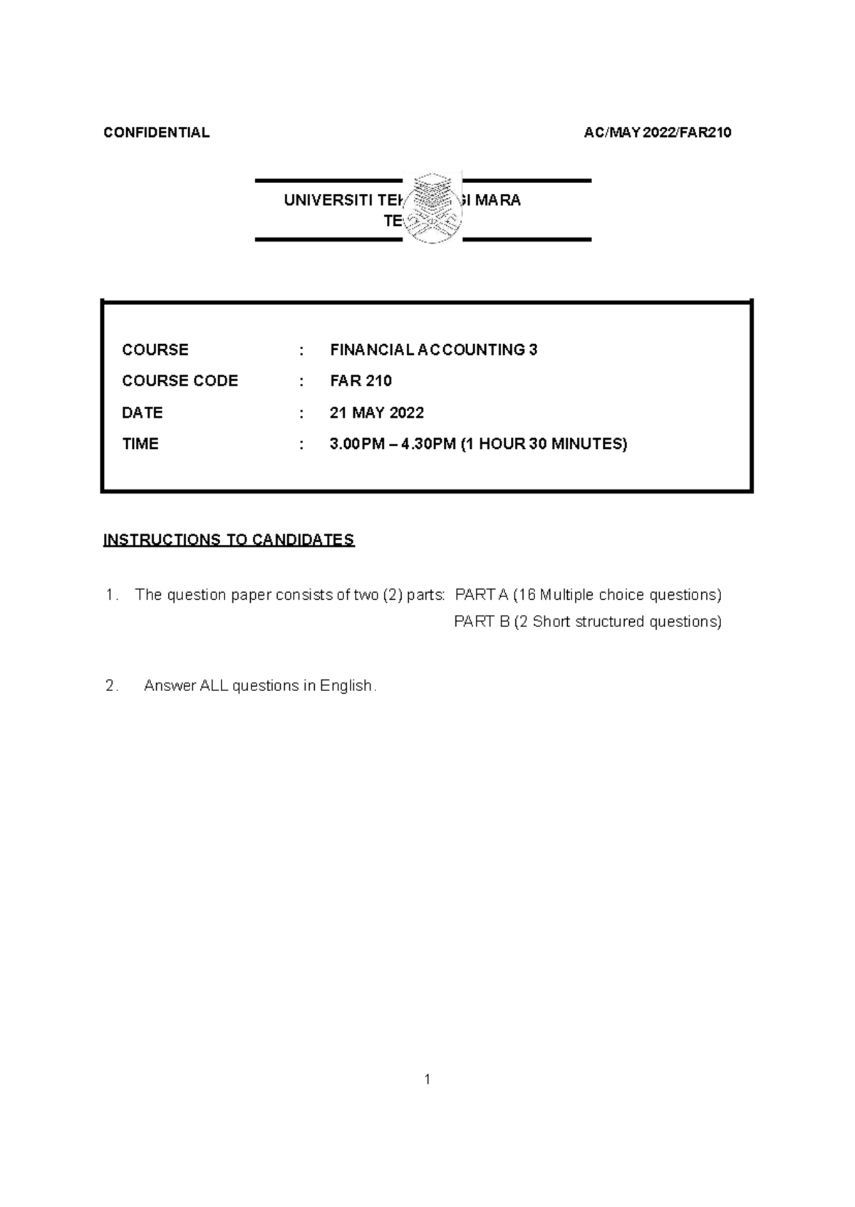 FAR210 Final Exam May 2022 Financial Accounting 3 Question Paper - Studocu