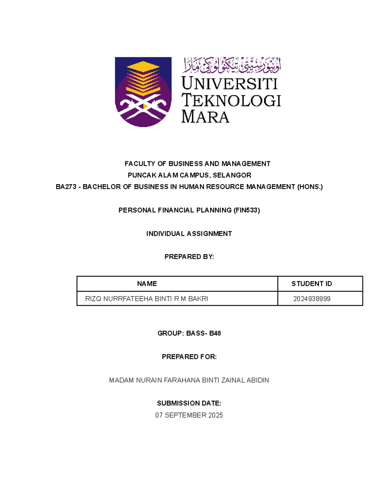 FIN533 Personal Financial Planning Individual Assignment Report - Studocu