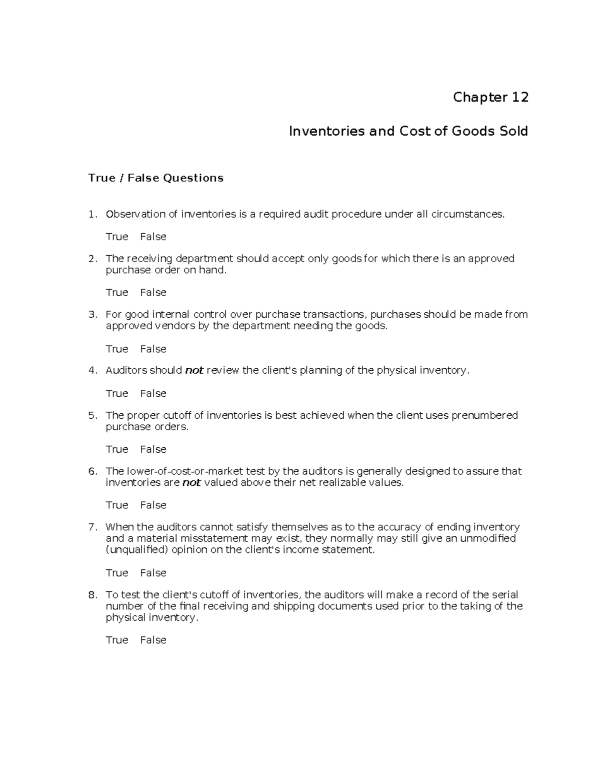Chapter 12: Inventories & COGS - True/False & MC Questions (TB 012 ...