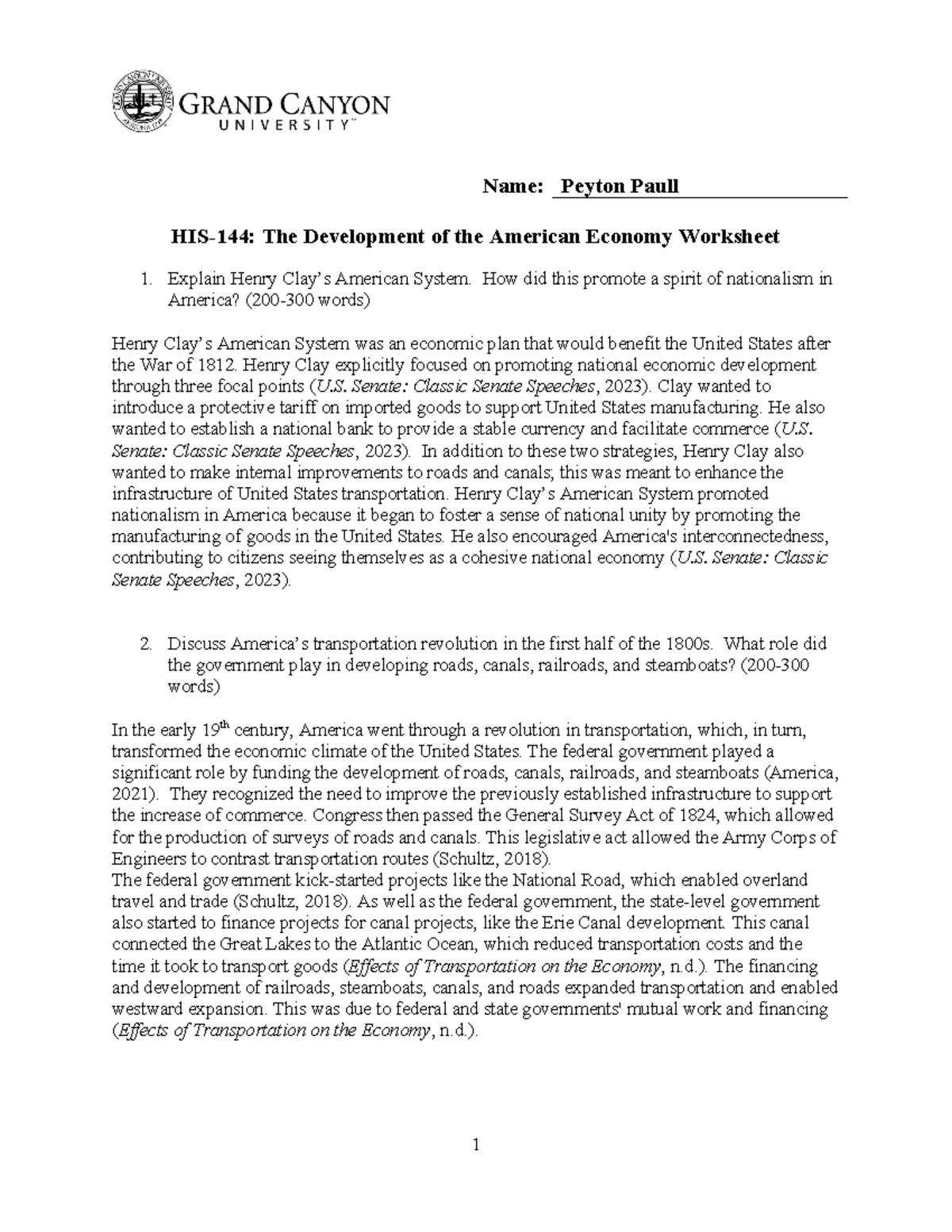 Development of American Economy - Name: Peyton Paull HIS-144: The ...