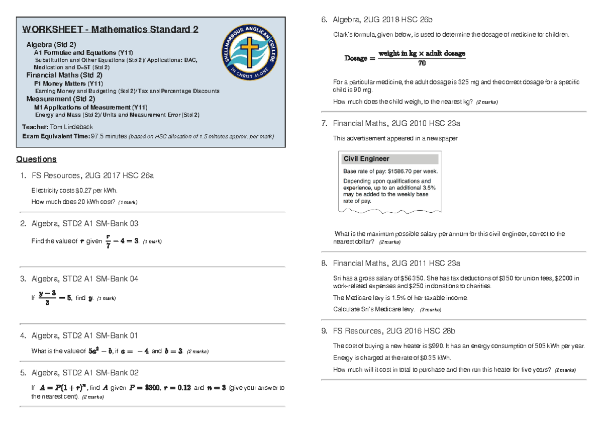 Mathematics Standard 2 - Revision Assignment 1 Questions (2UG) - Studocu