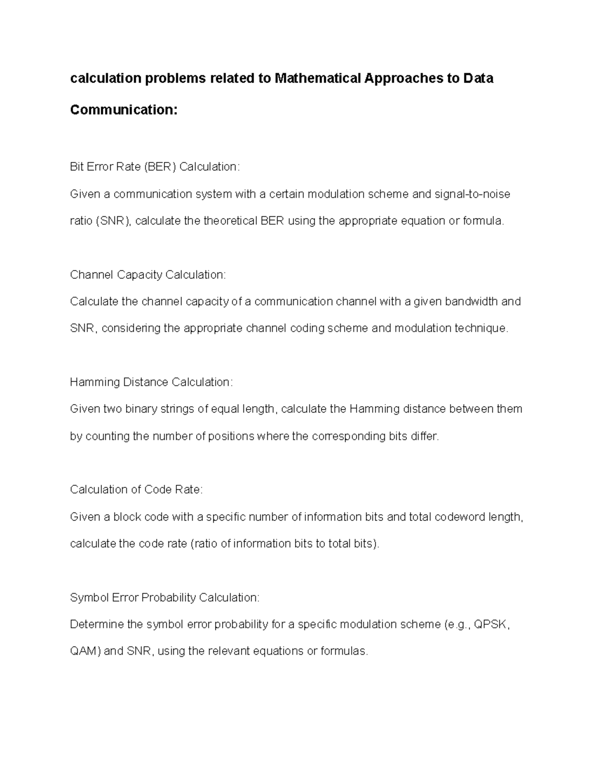 Calculation Problems for Mathematical Approaches to Data Comm. - Studocu