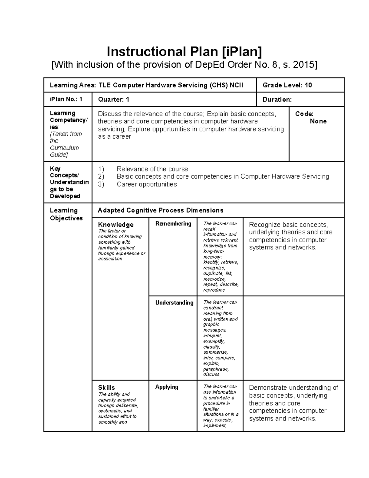 I Plan No. 1 in TLE CSS - PLAN - Instructional Plan [iPlan] [With ...
