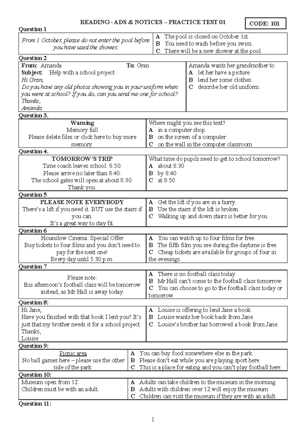 Reading Notices and Advertisements - KET Practice Test 01 - Studocu