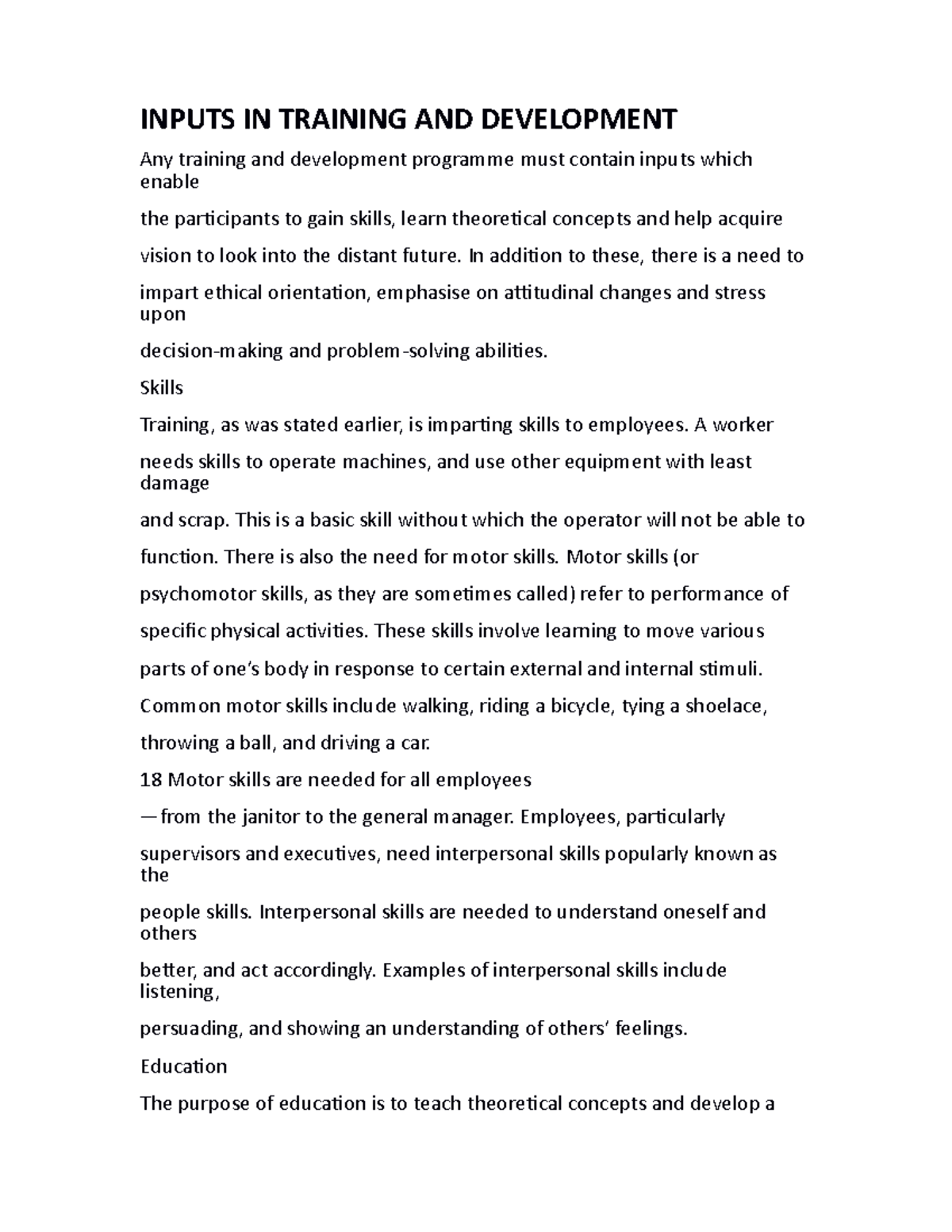 Inputs in Training & Development: Skills, Education, and Ethics - Studocu