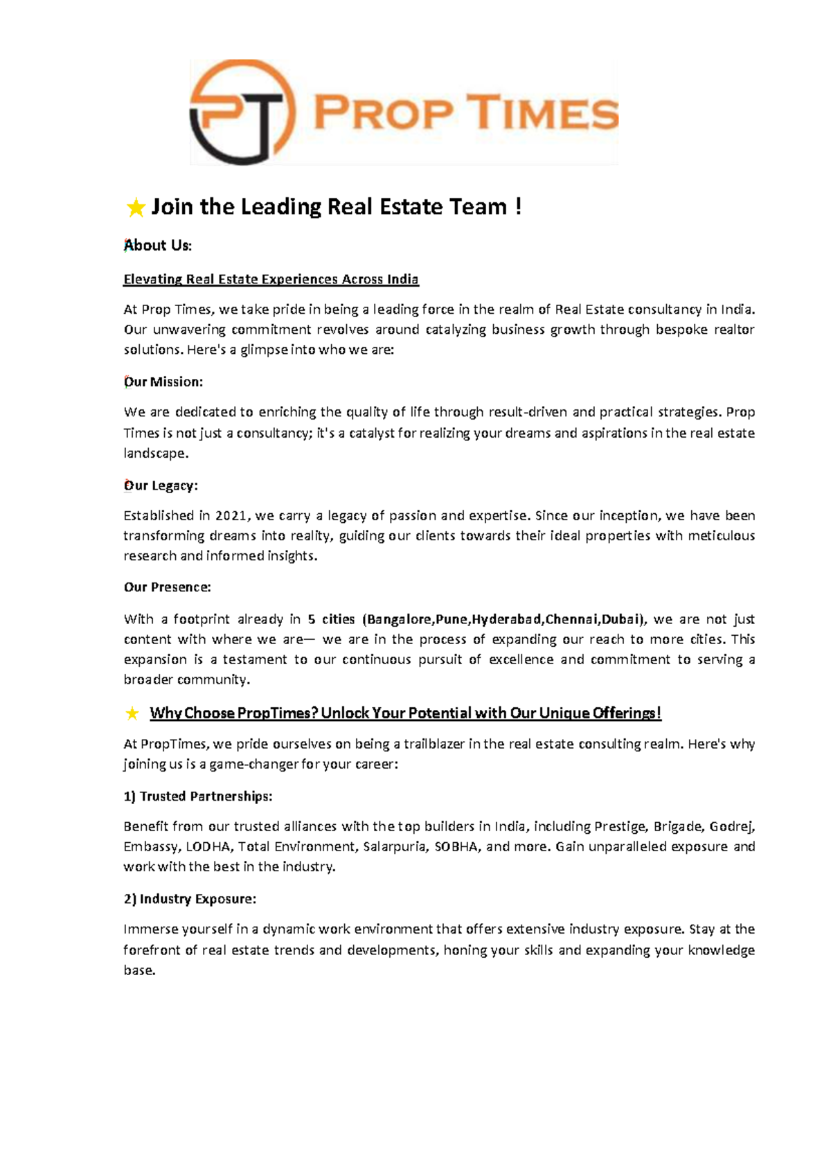 PropTimes JD: Join Our Fast-Growing Real Estate Team in India! - Studocu