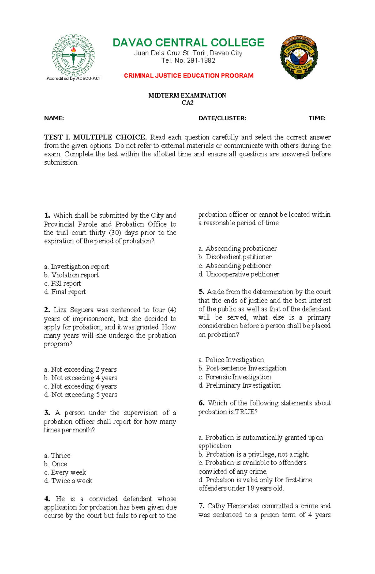 CRIMINAL JUSTICE EDUCATION PROGRAM MIDTERM EXAM CA2 - Studocu