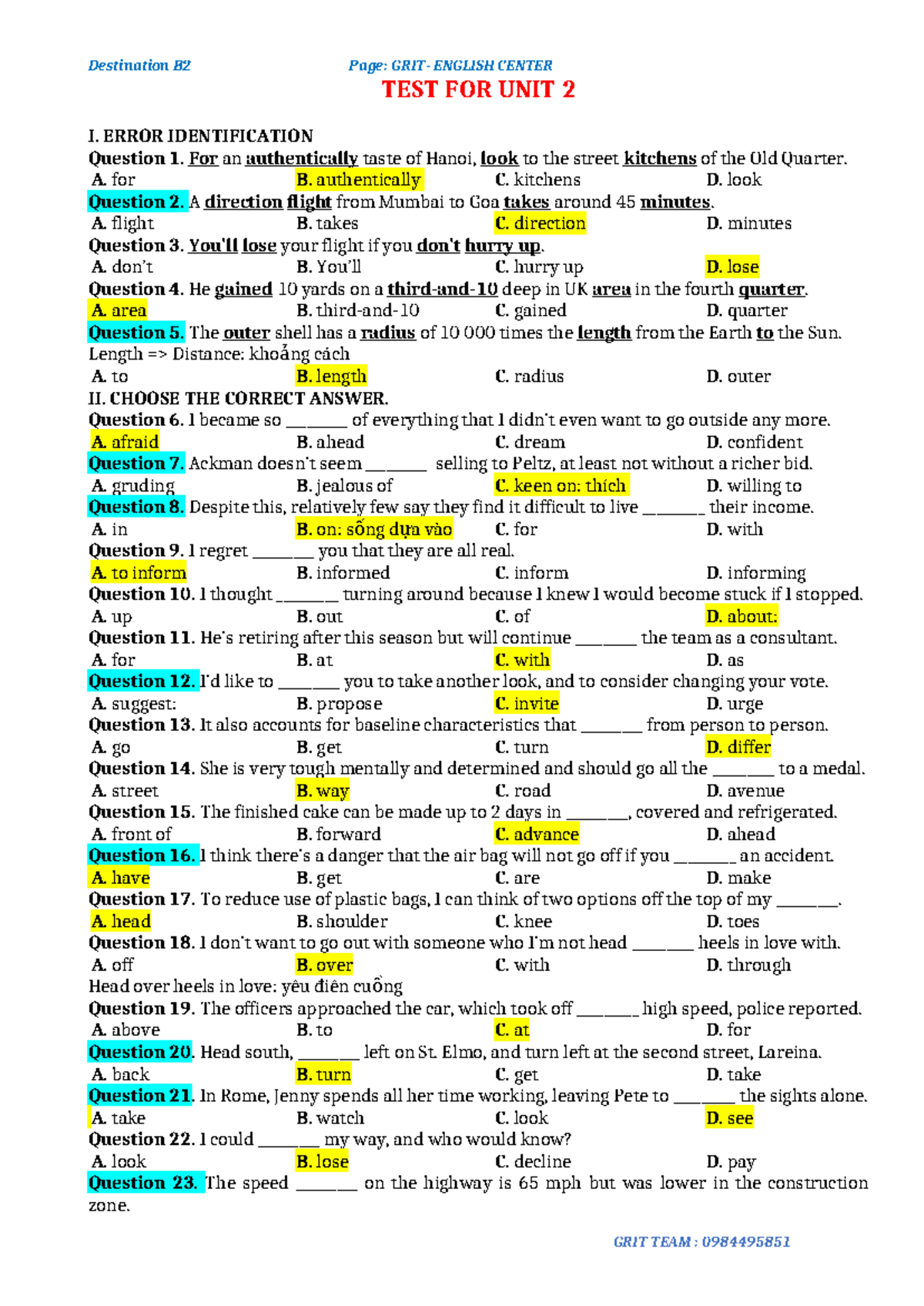 Destination B2: English Center Test for Unit 2 - Error Identification ...