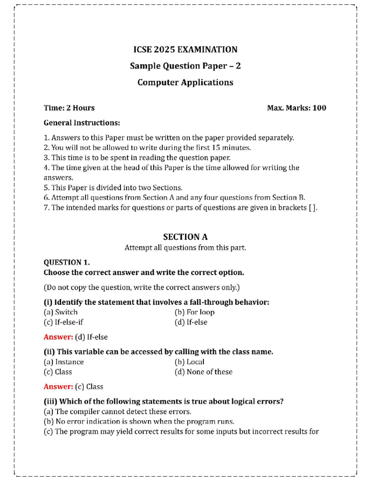 ICSE 2025 Sample Question Paper 2: Computer Applications Exam - Studocu