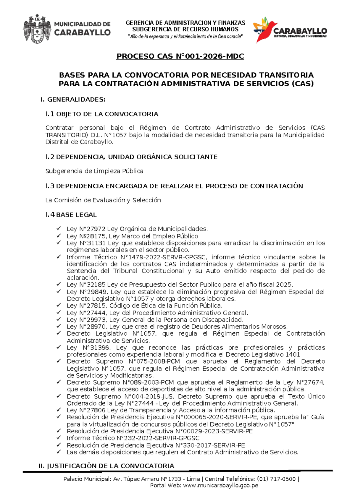 Bases del Proceso CAS 001-2026 para Subgerencia de Limpieza Pública ...