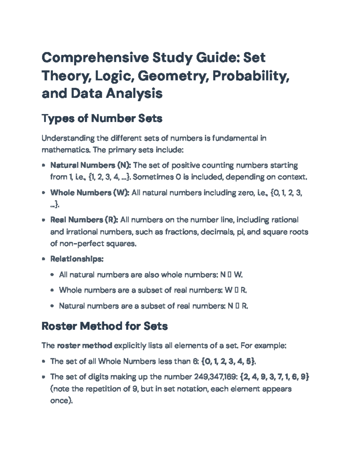 Comprehensive Study Guide: Set Theory, Logic, Geometry, and Data ...