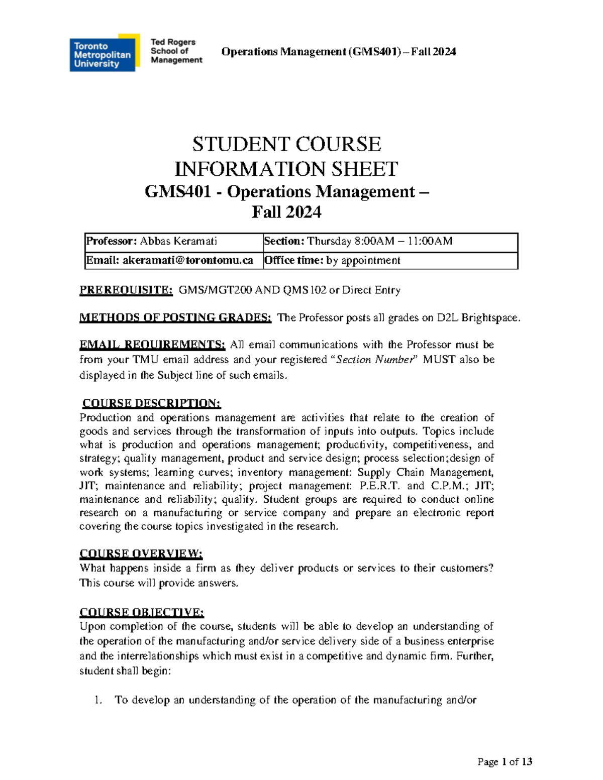 GMS401 Course Outline: Operations Management Overview for Fall 2024 ...
