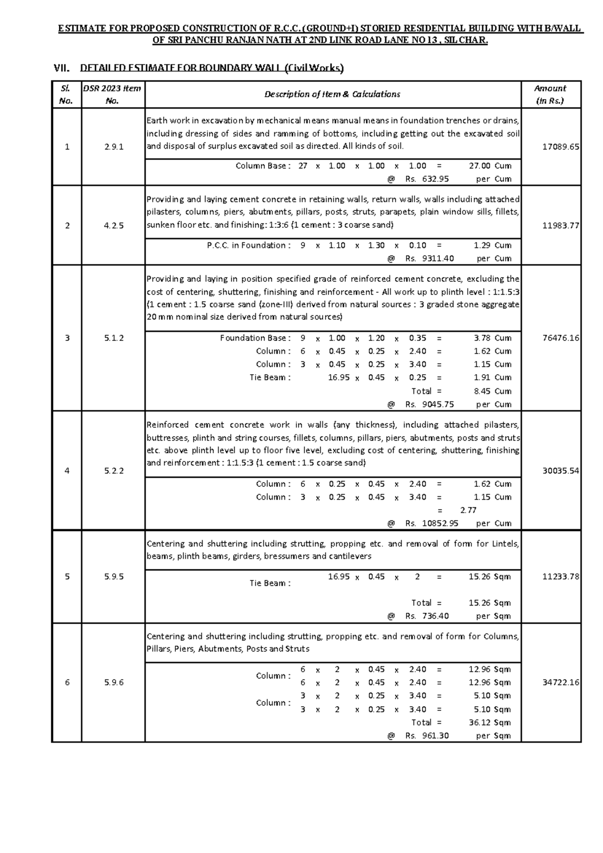 Detailed Estimate for R.C.C. Residential Building Construction (Civil ...
