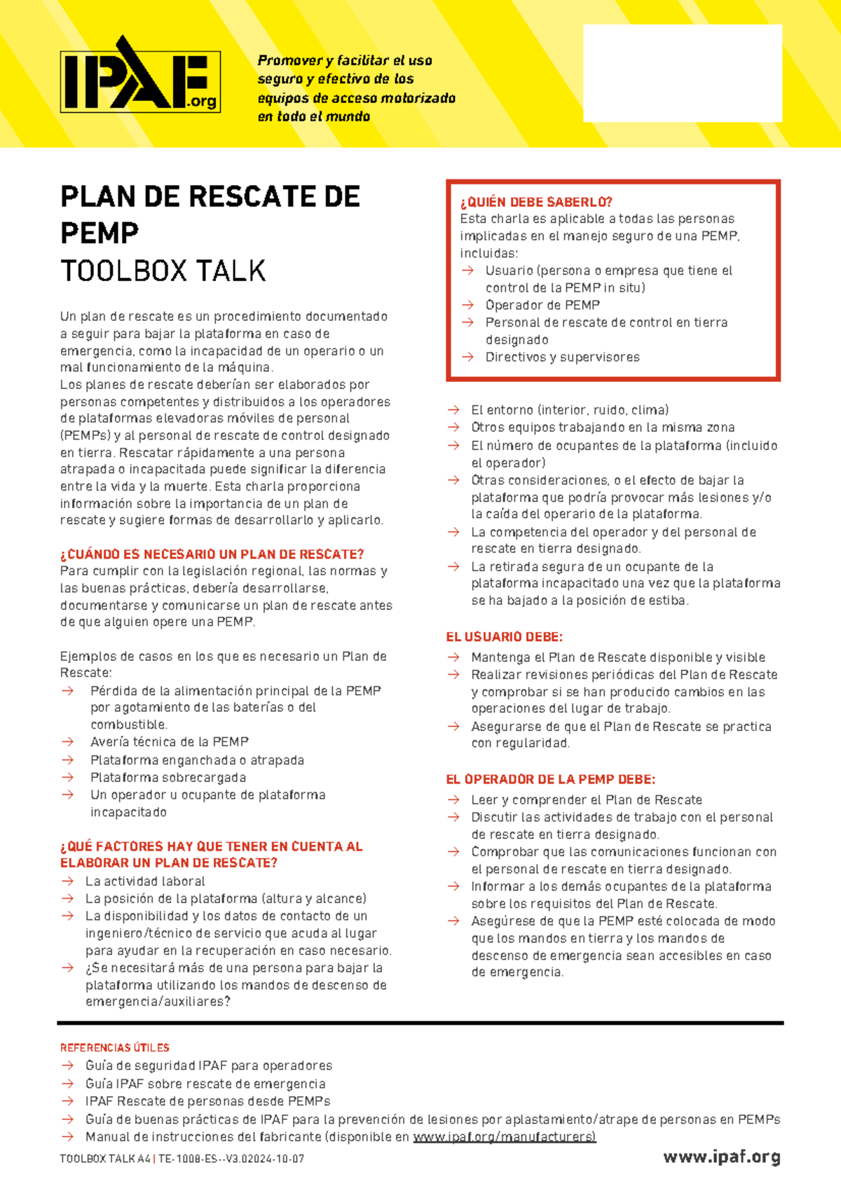 ES - IPAF Toolbox Talk A4 - Plan de Rescate PEMP 2: Seguridad y ...