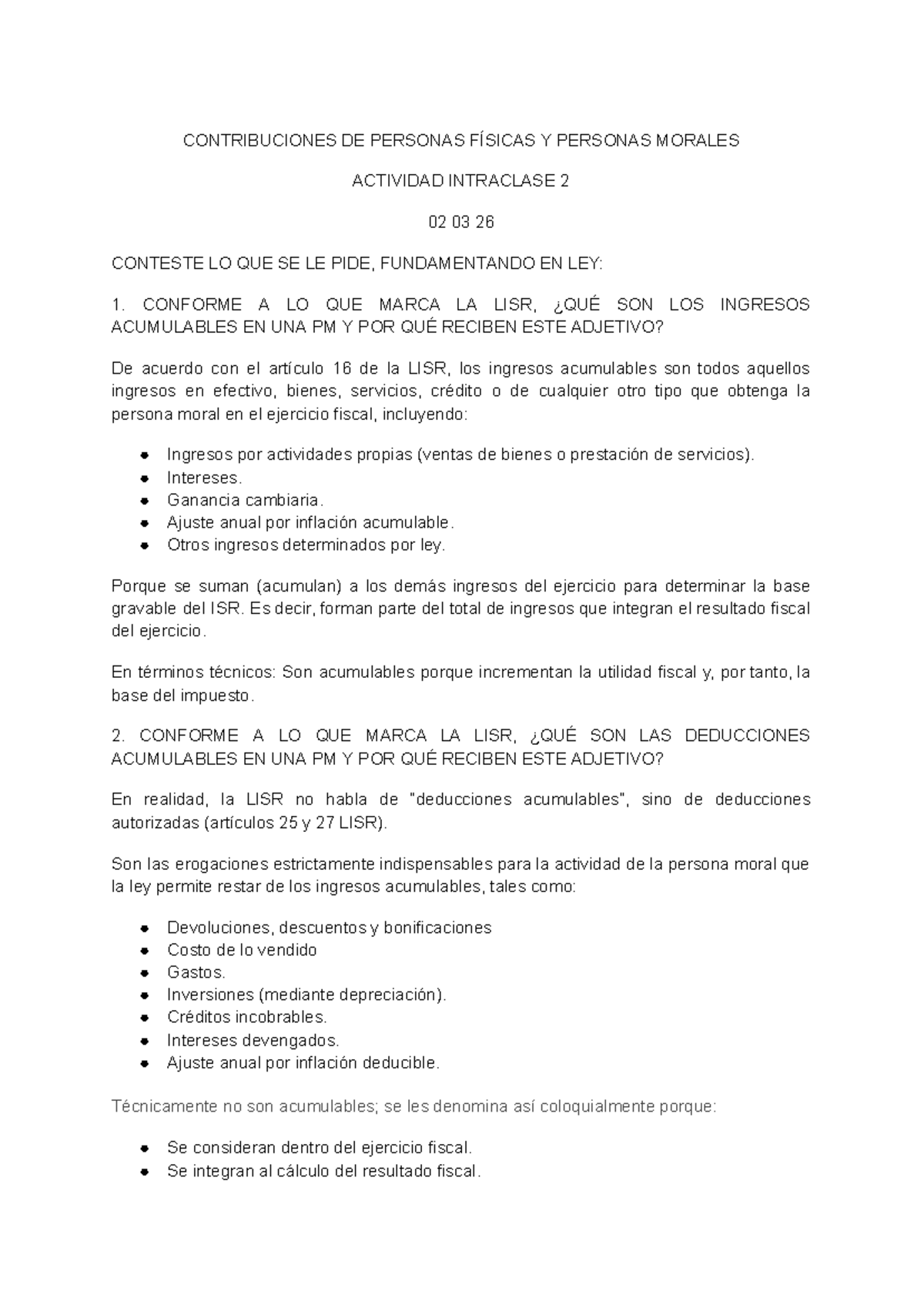 Intraclase 2: Contribuciones de Personas Físicas y Morales LISR - Studocu
