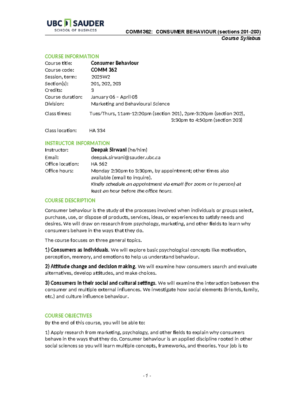 COMM 362: Consumer Behaviour Course Syllabus (Sections 201, 202, 203 ...