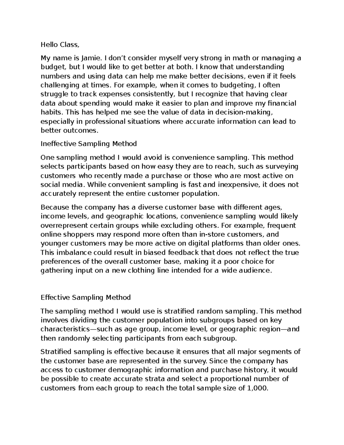 Module 1 Math Class - Assignment on Sampling Methods and Budgeting ...