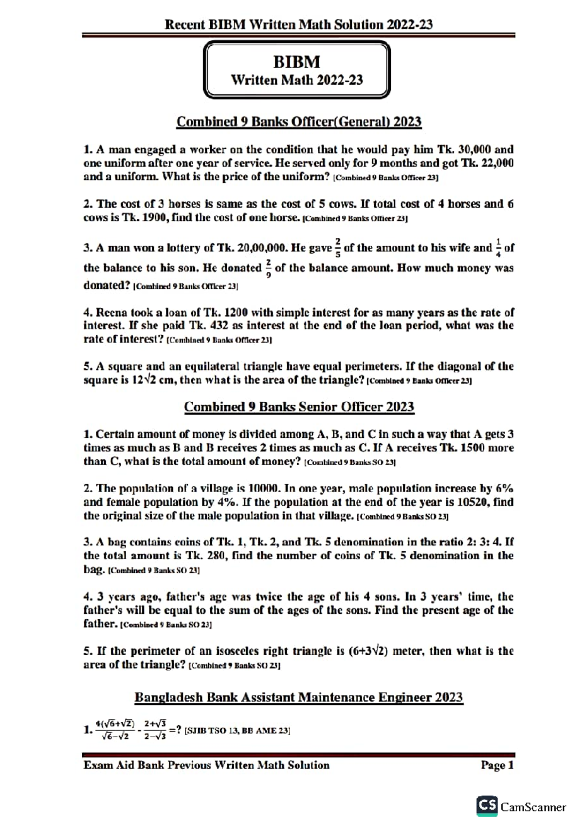 Recent BIBM Written Math Solutions for 9 Banks Officer & Senior Officer ...